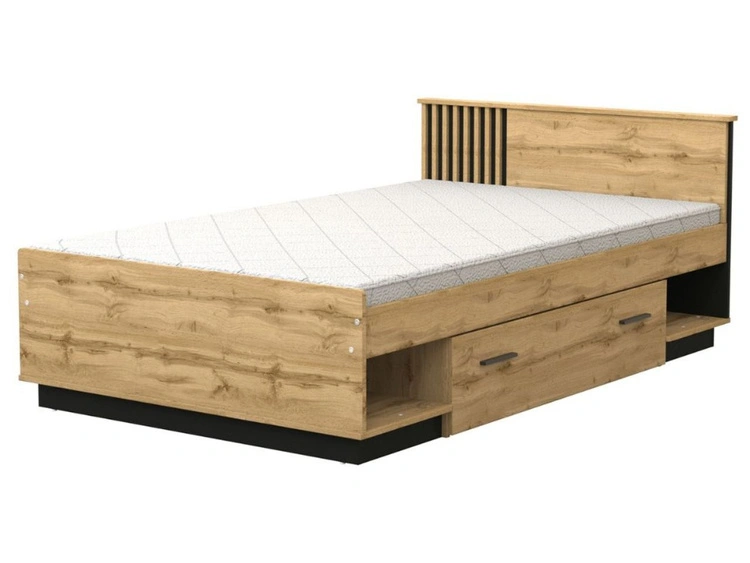 Doppelbett 120x200 mit Schublade Lavore Wotan Eiche, Schwarz matt