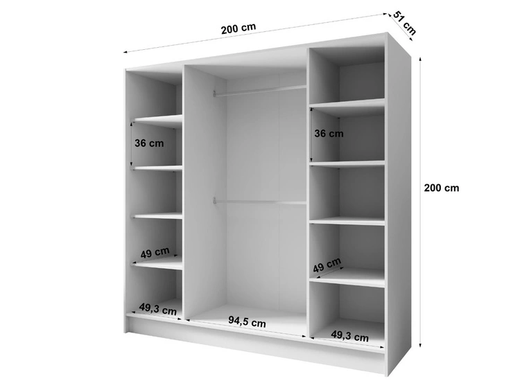 Kleiderschrank mit Spiegel 200 cm Lucca Weiß mit schwarzen Griffen