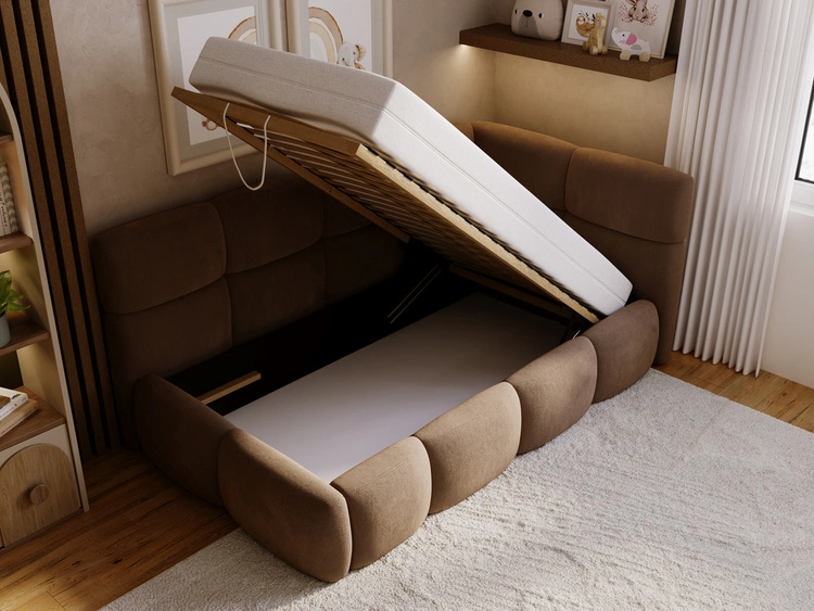 Gepolstertes Jugend-Einzelbett mit Bettkasten und Holzrost 90x200 Modo One Links Braun