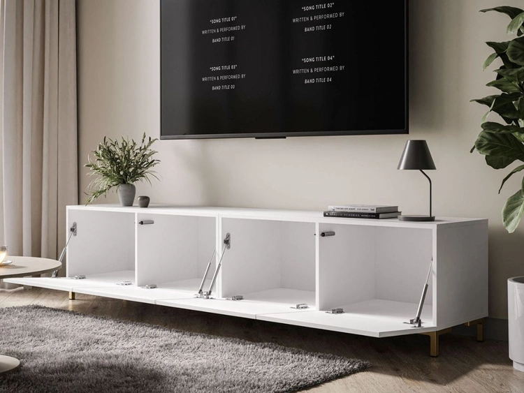 TV-Lowboard mit Türen auf Goldenen Beinen 200 cm Nodoo Weiß Hochglanz