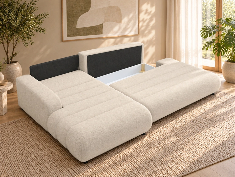 Ecksofa L-Form mit Schlaffunktion und Bettkasten Lisso Links Beige