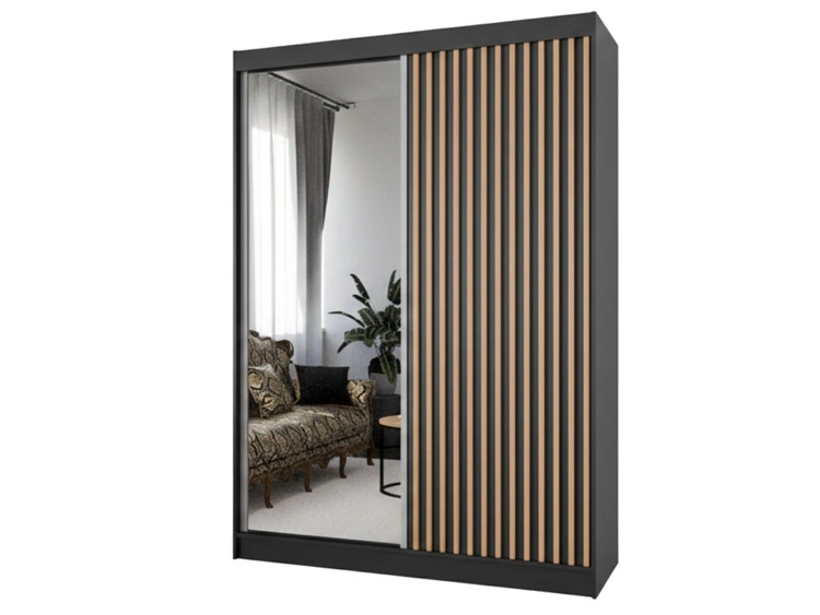 Schiebetürenschrank mit Spiegel und Lamellen 150 cm Loreto Schwarz