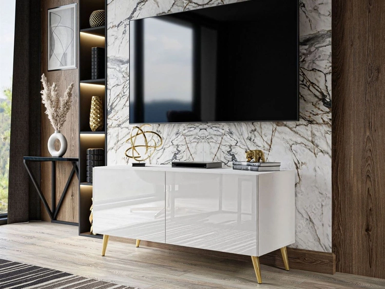 TV-Lowboard mit Türen auf Goldenen Metallbeinen 100 cm Noaé Weiß Hochglanz