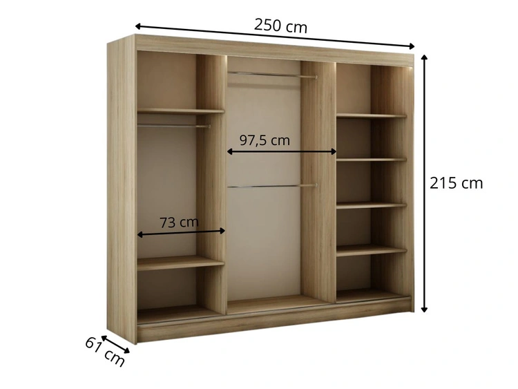 Schiebetürenschrank 250 cm mit LED-Beleuchtung Diano Eiche Sonoma
