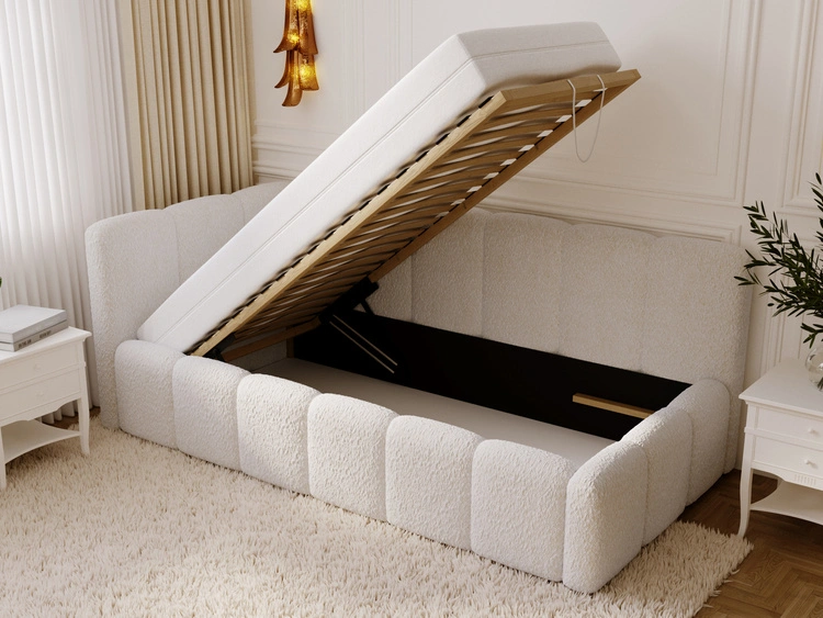 Jugendbett Einzelbett mit Bettkasten und Lattenrost 90x200 Cloud One Beige Bouclé-Stoff