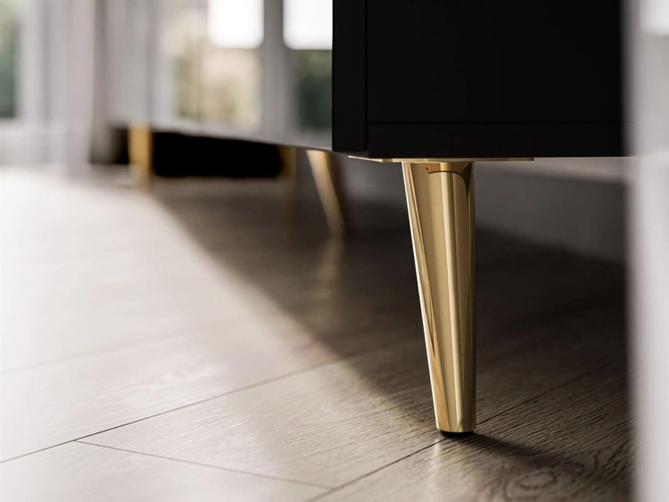 TV-Lowboard mit Türen und LED-Beleuchtung auf Goldenen Metallbeinen 200 cm Noaé Schwarz Hochglanz