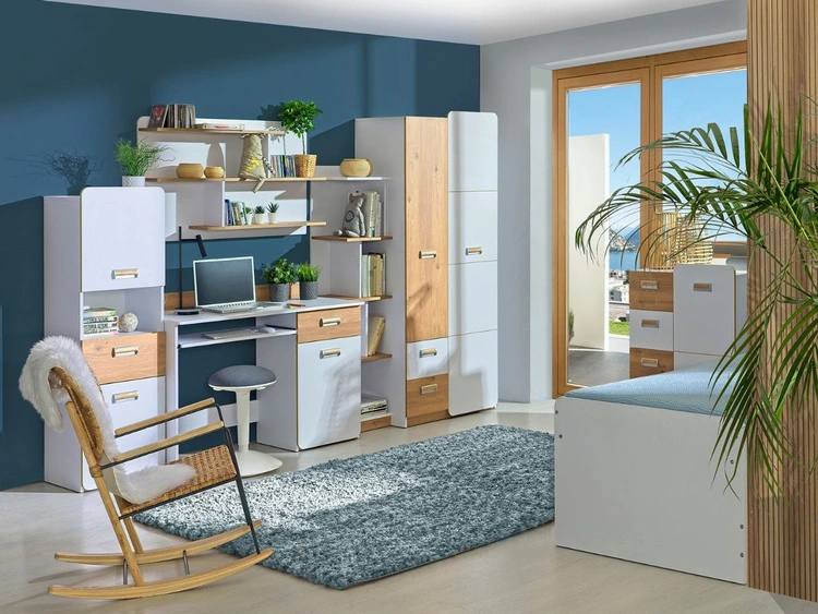 Schreibtisch 120 cm mit ausziehbarem Regal und Schublade, für einen Teenager Lindo Weiß, Nash Eiche