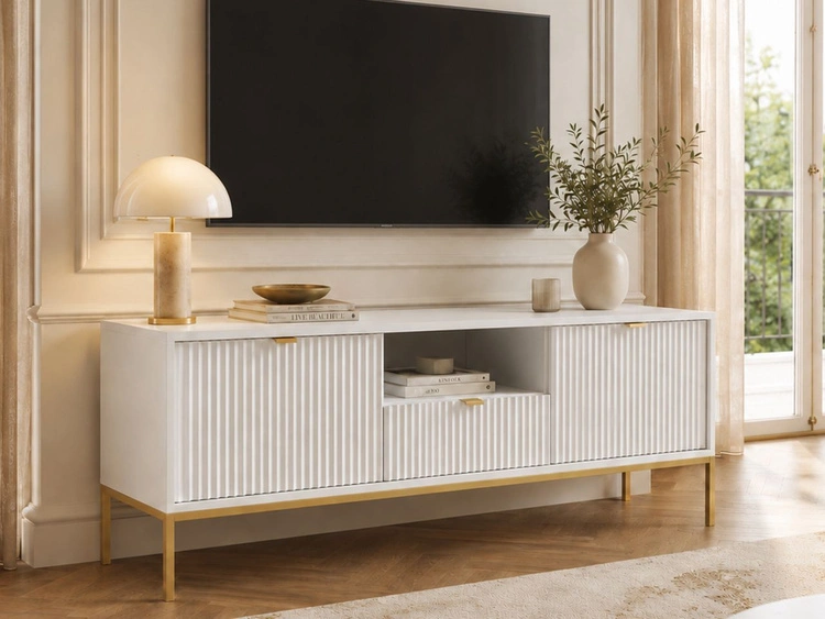 TV-Lowboard mit Schublade und Türen Amber Weiß, Gold Frame
