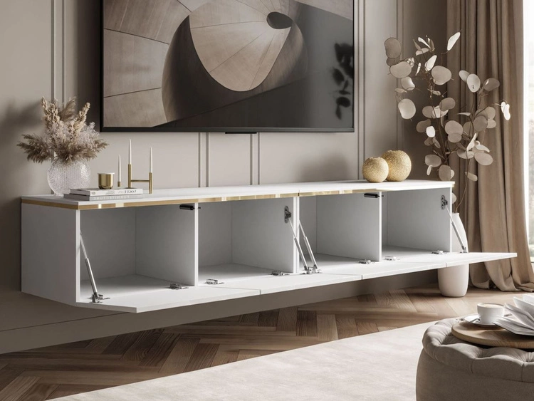 TV-Schrank zum Hängen im Glamour-Stil mit LED-Beleuchtung Celle Weiß Hochglanz