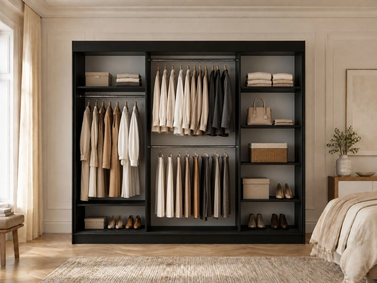 Schiebetürenschrank mit Sprossen 250 cm mit LED-Beleuchtung Ponti Schwarz