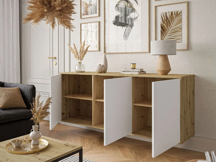 Dreitürige Kommode 154 cm im Loft-Stil auf weißem Gestell – Vivance, Weiß matt & Eiche Artisan