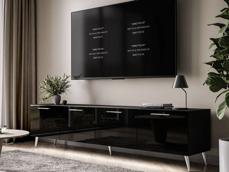 TV-Lowboard mit Türen und LED-Beleuchtung auf Silbernen Metallbeinen 200 cm Noaé Schwarz Hochglanz