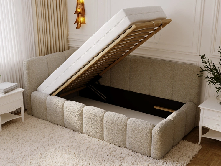Jugendbett Einzelbett mit Bettkasten und Lattenrost 90x200 Cloud One Dunkelbeige Bouclé-Stoff