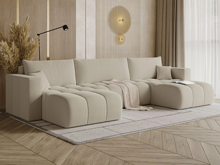 Wohnlandschaft mit Schlaffunktion und Bettkasten Neva Bouclé-Stoff Beige