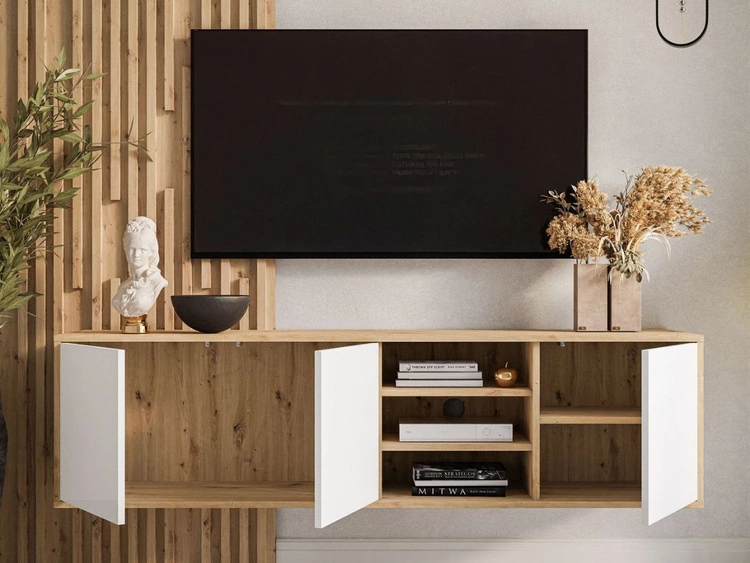 Hängendes TV-Lowboard mit Türen Vivance Weiß und Eiche Artisan