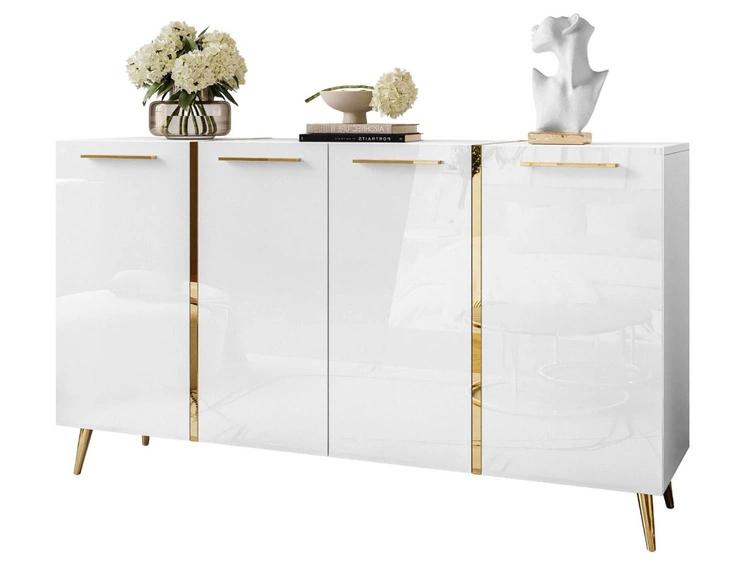 Viertürige Kommode 158 cm Glamour-Stil mit goldenen Griffen und Beinen Lunelie Weißglanz
