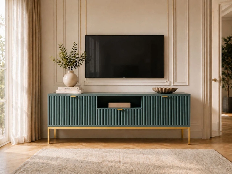 TV-Lowboard mit Schublade und Türen Amber Grün, Gold Frame