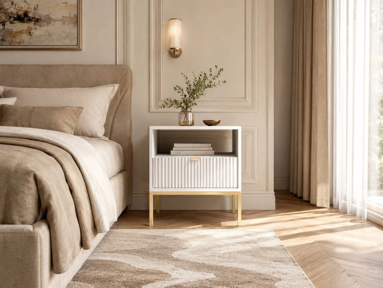 Nachtschrank mit Schublade Amber Weiß, Gold Frame