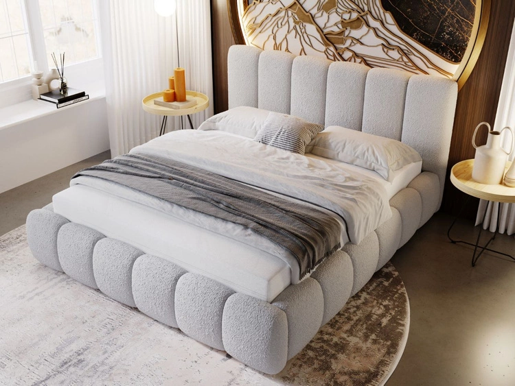 Polsterbett mit Bettkasten und Lattenrost 180x200 Cloud Bouclé-Stoff Hellgrau