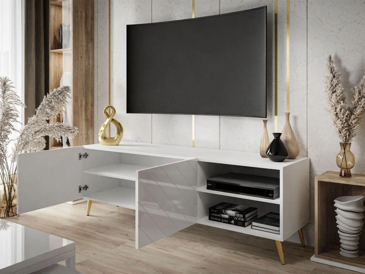 TV-Schrank mit gefrästen Fronten und goldenen Metallbeinen Vionel Weiß glänzend