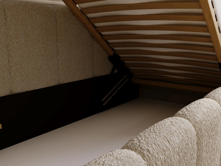 Jugendbett Einzelbett mit Bettkasten und Lattenrost 90x200 Cloud One Dunkelbeige Bouclé-Stoff