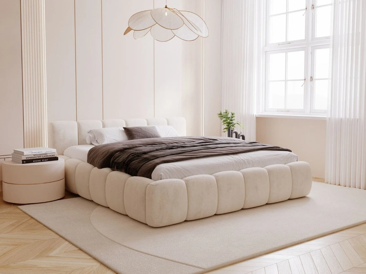 Polsterbett ohne Bettkasten mit Lattenrost 140x200 Cloud Low aus Samtstoff Beige