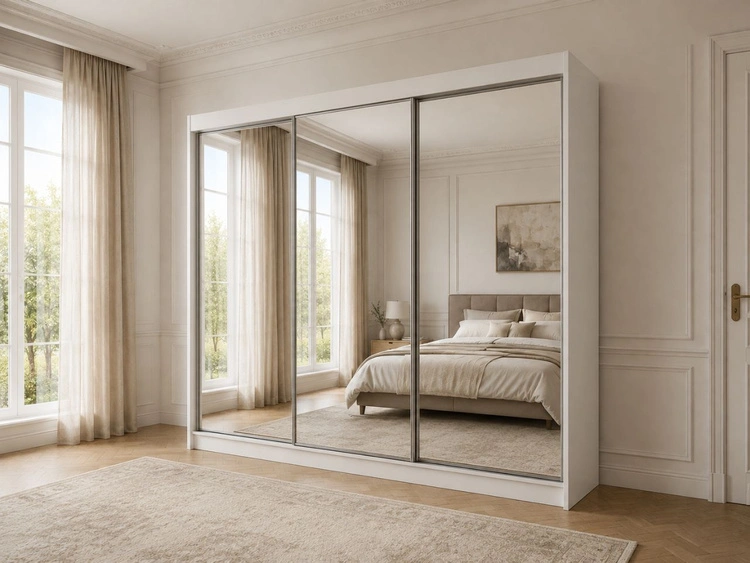 Schiebetürenschrank 250 cm mit Spiegel und LED-Beleuchtung Luzio Weiß