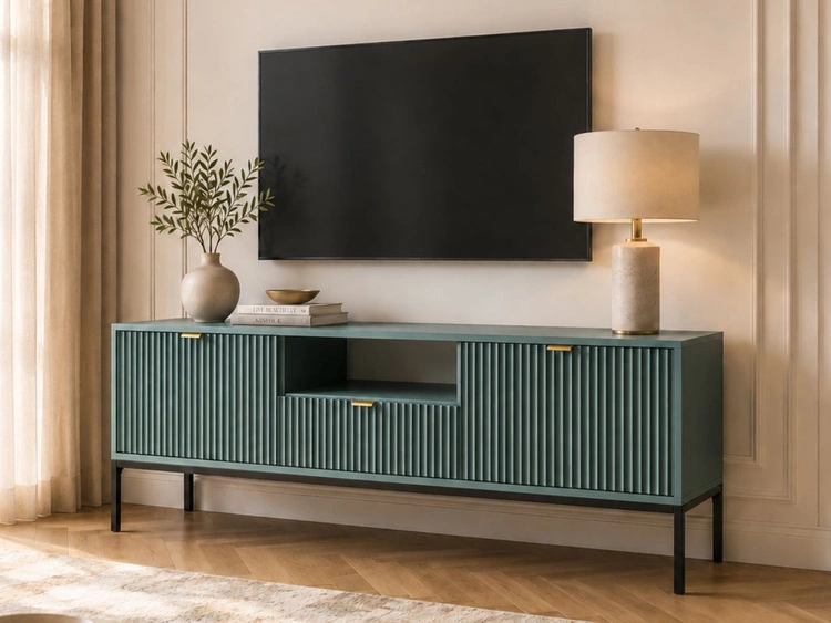 TV-Lowboard mit Schublade und Türen Amber Grün, Schwarz Frame