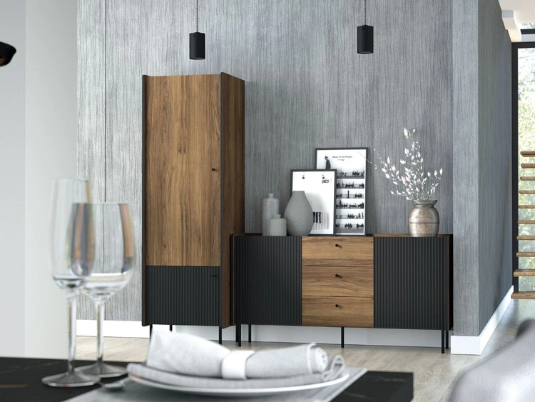 Kommode mit Türen und Schubladen 150 cm Pascale Nussbaum Warmia, Schwarz
