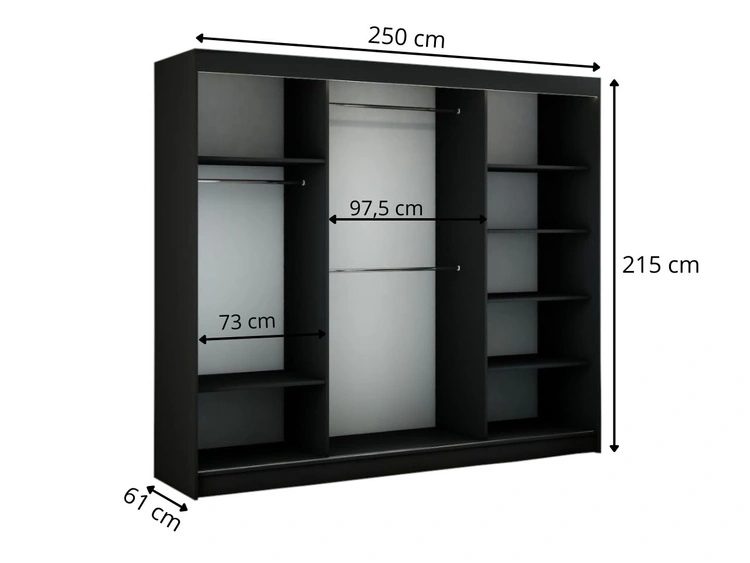 Schiebetürenschrank mit Sprossen 250 cm mit LED-Beleuchtung Ponti Schwarz