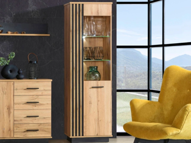 Standvitrine mit LED-Beleuchtung Lavero Wotan Eiche, Schwarz matt