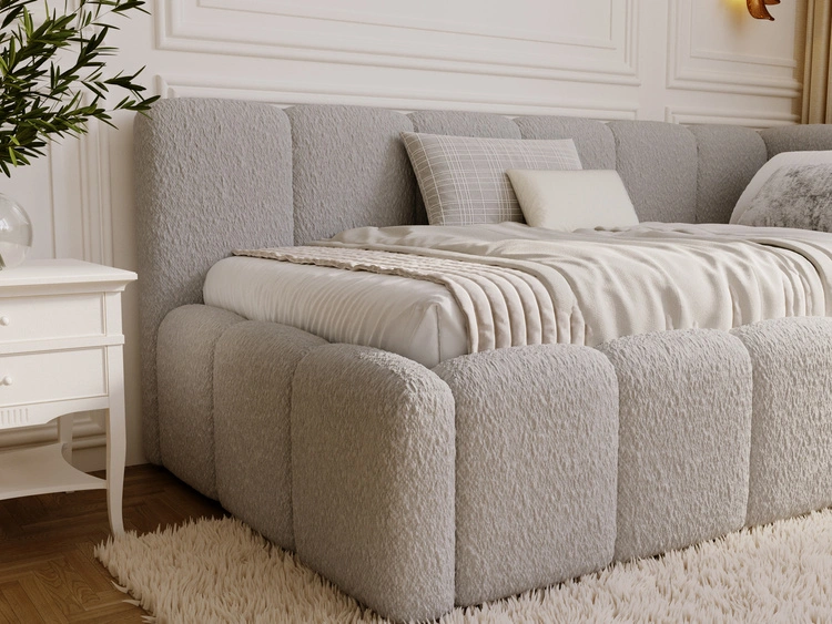 Jugendbett Einzelbett mit Bettkasten und Lattenrost 90x200 Cloud One Grau Bouclé-Stoff