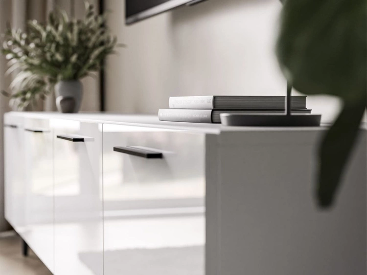 TV-Lowboard mit Türen und LED-Beleuchtung auf Schwarzen Metallbeinen 200 cm Noaé Weiß Hochglanz
